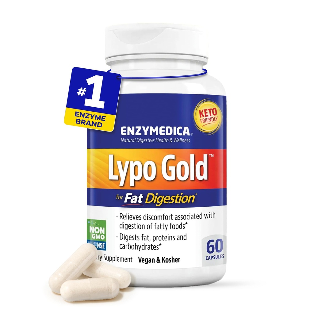 Enzymedica Lypo Gold, 肥胖文摘的高潜力Lipase 消化酶, 支持不定期的Bloating 救济和消化酶健康, Keto-Friendly, Vegan, 60 Capsules