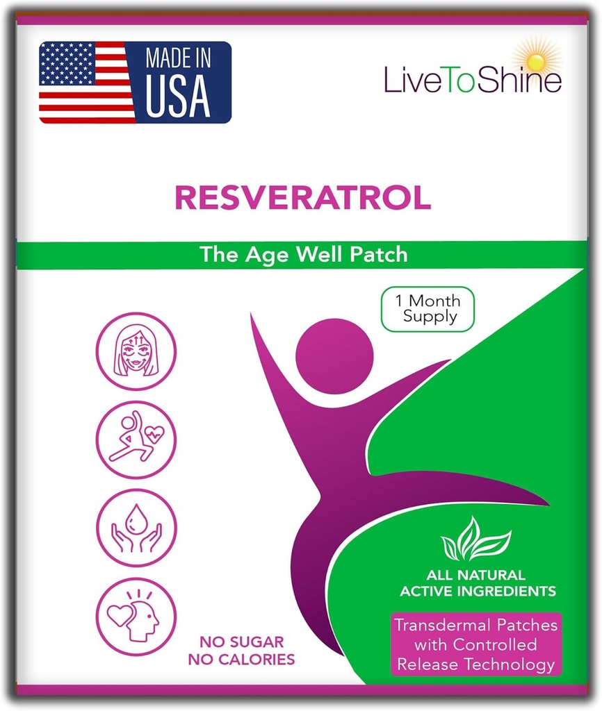 Live to Shine Resveratrol Patch - 跨皮肤主题植物抗氧化剂支持健康老化与健康 - 30 patchs for Men and Men - 美国制造
