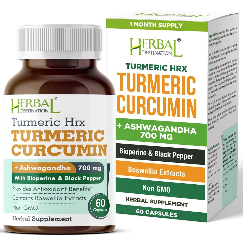 Turmeric Supplement Hrx- Imune Supplement,代谢促进器 联合支持补编,配有 Turmeric Curcumin, Boswellia, Curcuma & Black Pepper 提取器 - 60 Capsules