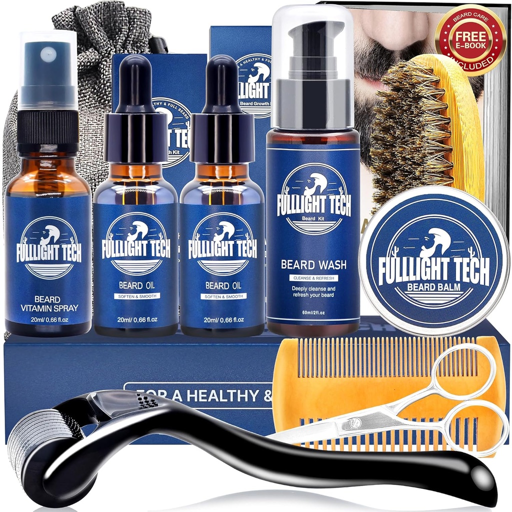 胡子护理箱 男新人柔软地修饰 补丁 胡子 W/ 维生素喷洒、Mustache Oil、Balm、Wash、Boar Bristle Brush、Wooden Comb、剪刀、瓦伦丁父亲礼物