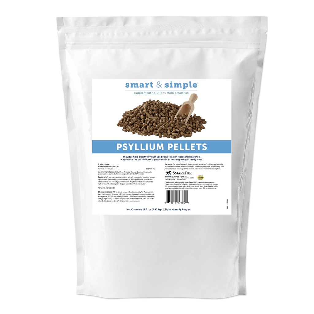马匹的智能和简单 Pyllium Pelles → Pyllium Husk Fiber 补充 Equine 消化健康支持 → Apple-Banana Flavored → 8 月清洗 → 17.5 lb Bag