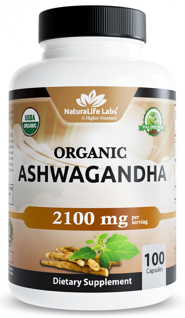 NaturaLife Labs 有机 Ashwagandha 2100 mg / service – 根粉和提取器 – 100 Capsules – Vegan, 非GMO, Gluten-free