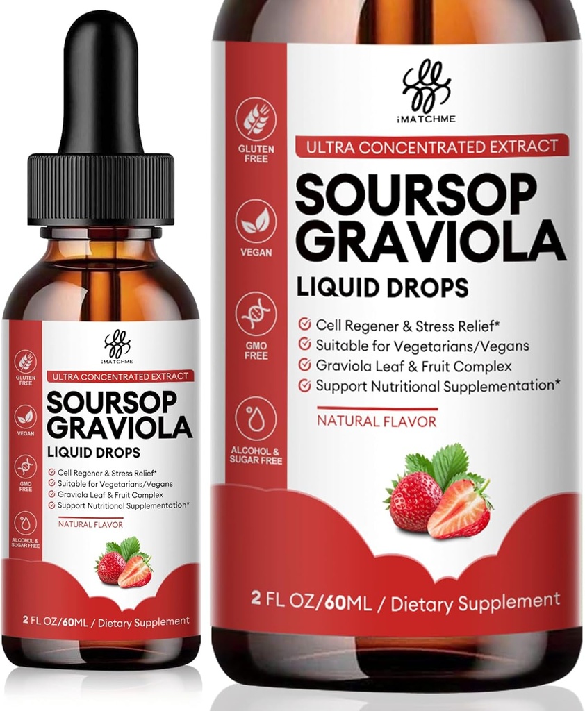 iMATCHME Soursop Graviola液滴、Soursop位点液、天然Soursop叶和水果综合体,用于总体健康、糖/咖啡因/葡萄糖、草莓火焰,2 Fl Ozl