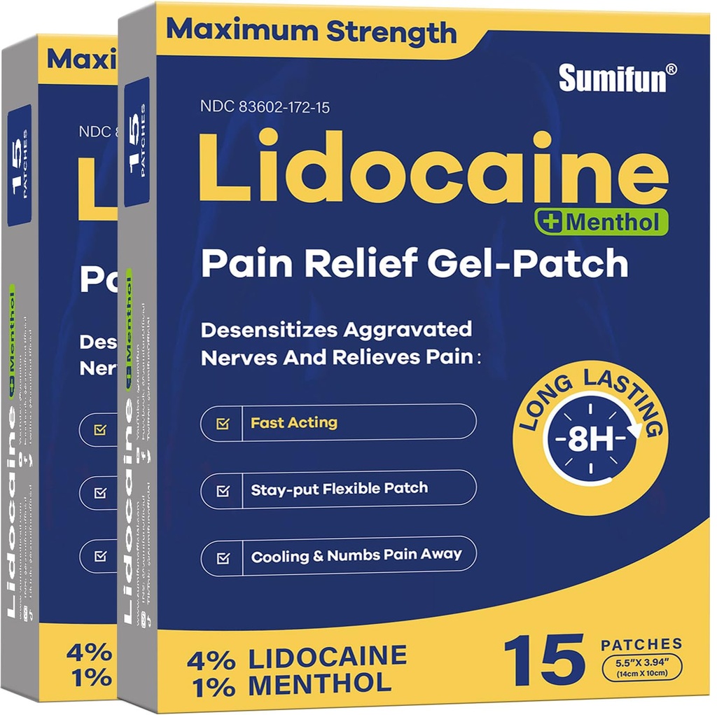 Sumifun 4% Lidocaine 补丁+1% Menthol - 30位最大强度 OTC 疼痛缓解补丁 Ache Stiff Neck 联合疼痛肌肉酸痛 主题止痛药