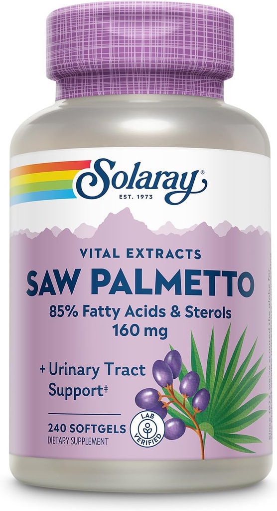 SOLARAY Saw Palmetto 提取 - 前列腺健康和尿道减肥支持 - 136毫克脂肪酸和 Sterols - 实验室验证,60天钱包保证(240份服务,240份软胶)
