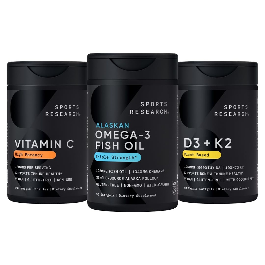 体育研究 1250 mg Omega 3 Burpless Fish Oil - 野生阿拉斯加 Pollock - (90 counter), 高发性 Vegan Vitamin C 1000 mg (240 counter) + Vegan 5000iu Vitamin D 配100 mcg Mk7 Vitamin K (60 counter)