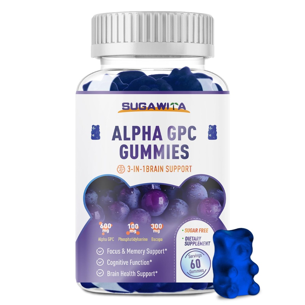 Alpha GPC Choline Gummys 600mg 配有 Phosphatidylserine & Bacopa – 3-in-1 脑支持记忆,焦点和长期认知健康 – 无糖,自然公式, 60 Counter