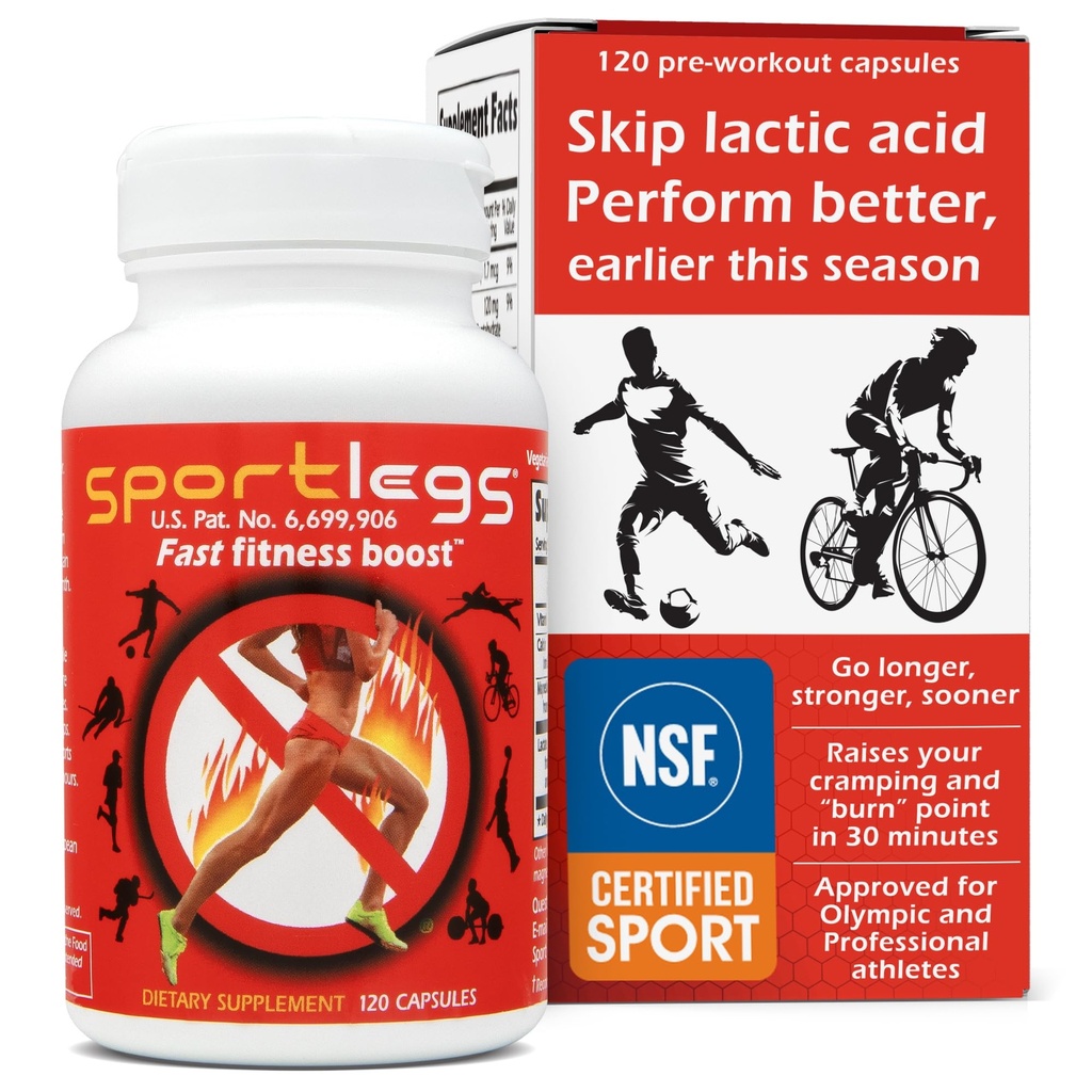 SPORTLEGS 快速健身 男、女前期工作 常规酸补充剂 运动耐力燃料 奔跑者耐力补充剂 - NSF 体育认证 120-Capsule瓶,包装 1