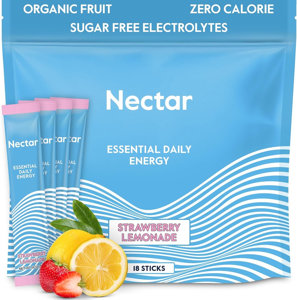 Nectar Energy Booster - 有机咖啡因,B12 & 电解质 - 无糖和零卡路里 - 健康咖啡,能量饮料和苏达替代品 - 水力和能量补充剂(Straw. Lemonade 18 Packets)