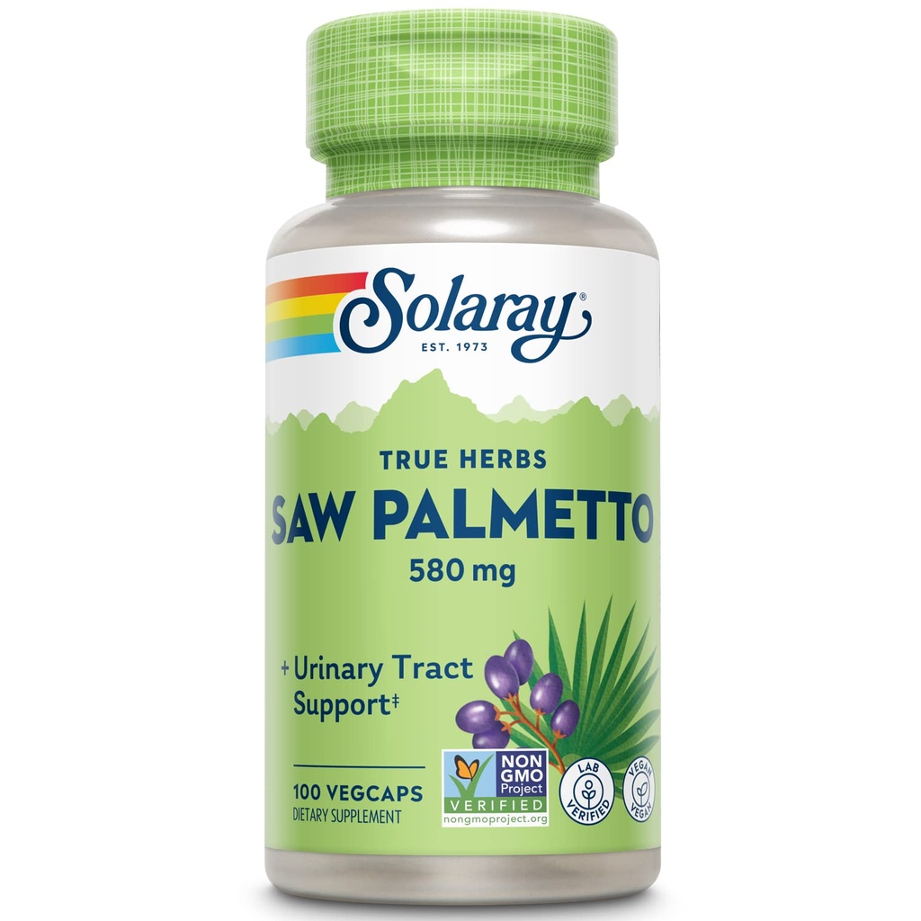 SOLARAY Saw Palmetto Berry 580 mg, 健康前列腺和尿道收缩支持,来自肥酸和植物 Sterols for Men and Women, Non-GMO, Vegan & Lab 校验, 100 Veg Caps, 100 services