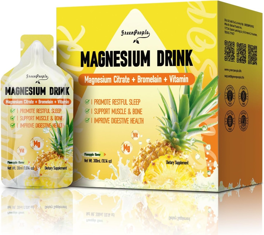 GREENPEOPLE 7-in-1 甘氨酸镁液体,甘氨酸镁补充剂 饮用280mg 镁,锌,布罗梅兰,维生素C D3 B6,肌肉和对孩子和成年人的睡眠支持,1 f.Oz (10Pcs)