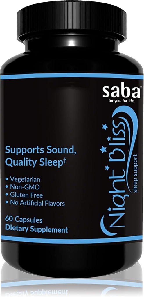 Saba Night Bliss自然睡眠援助 QQ非哈比特人形成 QQ 长眠与压力救济的睡眠补充 w/ Magnesium, Melatonin, GABA, Chamomile, & Valerian (60 Vegan Capsules, 30天供应)