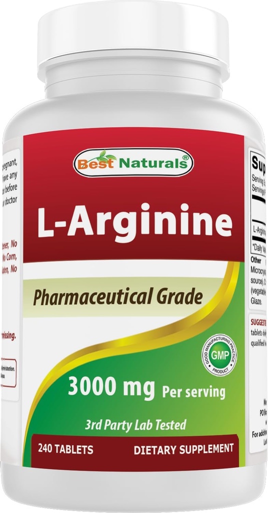 最佳自然 L-Arginine 3000mg 每架服务 - 240块药片 - 药品级 - 非GMO和Gluten免费 - 美国制造