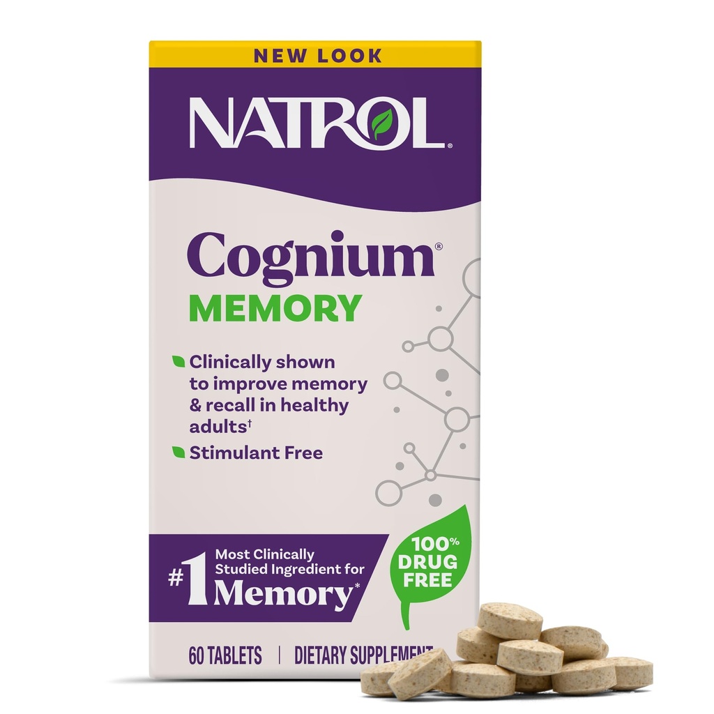 Natrol Cognium 记忆、成人脑健康补充、脑健康饮食补充和临床展示,改善健康成年人的记忆和召回,60平板,最多30天供应