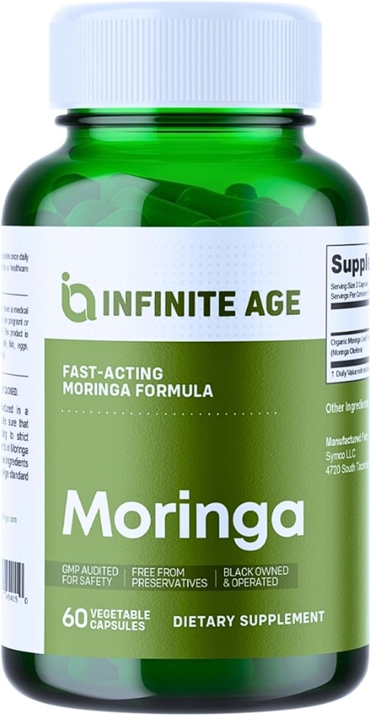 INFINITE AGE 1000mg 有机莫林加叶粉胶囊,60个计数 - 在美国制造,维根,格卢滕自由,全自然 - 抗氧化剂,肝和肾支持补充剂