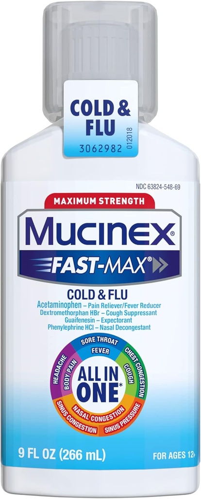 Mucinex Fast-Max 最大强度全内冷 & Flus, 9 oz瓶, 用于头痛, 身体疼痛, 喉痛, Fevers, 胸塞, 咳嗽, 鼻塞/西努斯 摄入, 和 辛纳斯 压力