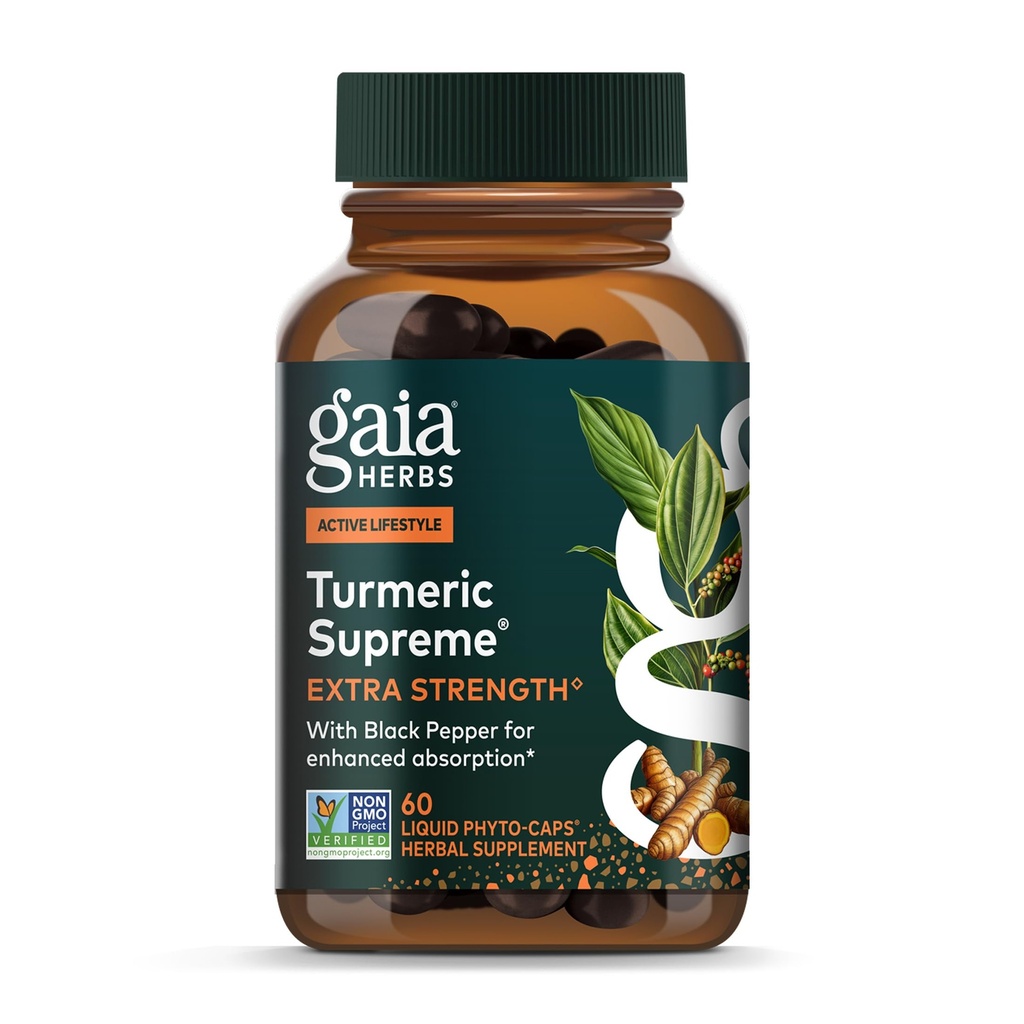 Gaia Herbs Turmeric Turmeric Extreme Extrastruction - 支持来自普通服装和眼泪* 的偶尔不适 - 配有 Turmeric Curcumin & Black Pepper - 60 Vegan 液态 Phyto-Capsules(最多60天供应)