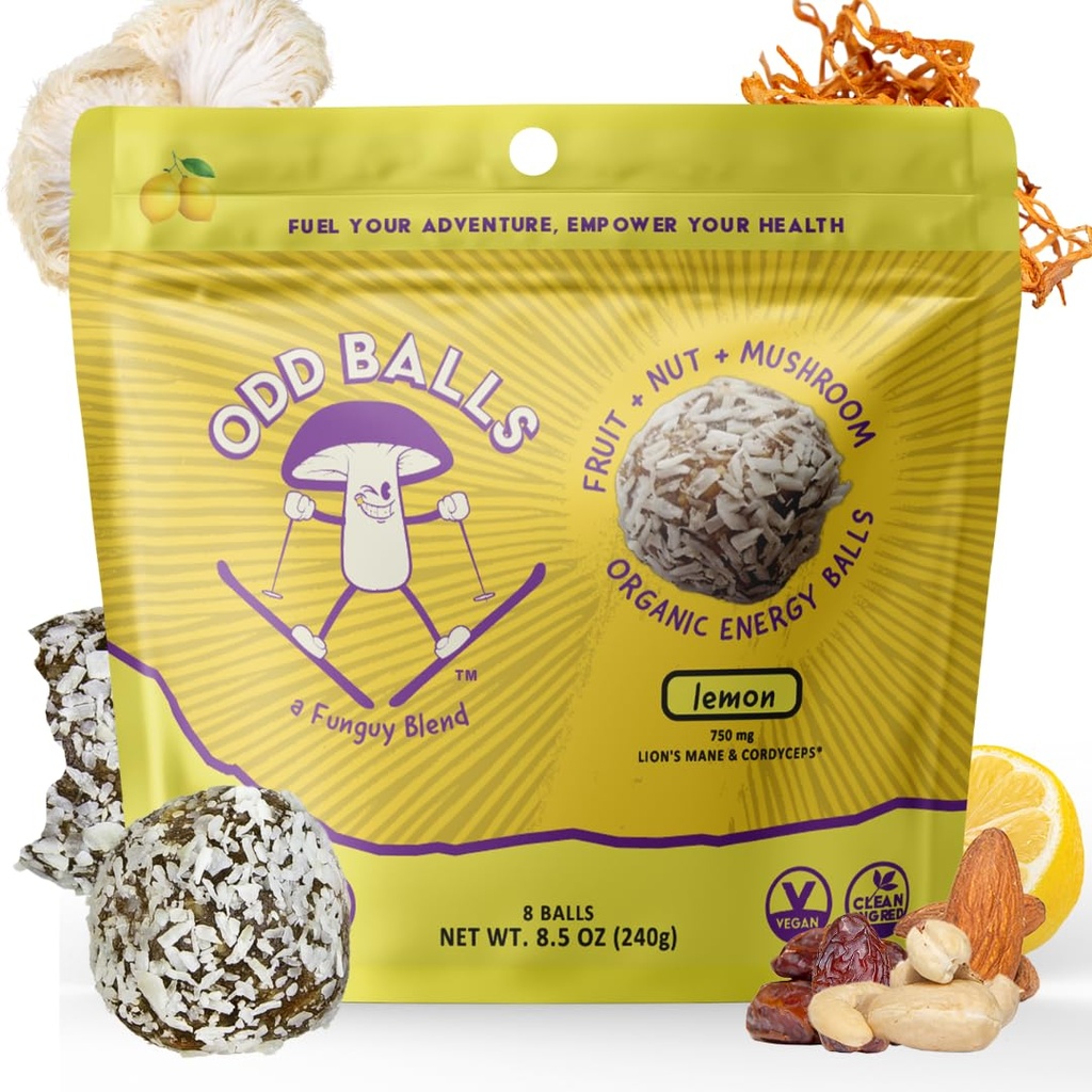 ODD BALLS 有机能源球 柠檬 - 超级食品 蘑菇 Snack - 跑步,自行车,徒步 - Gels, Bars 替代品 - 狮子的玛恩焦点, Cordyceps 能源 - Vegan, Gluten 免费小吃 儿童与成年人