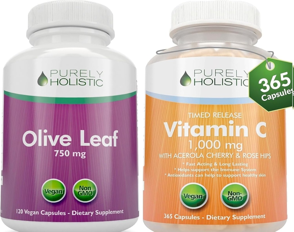 纯全脂橄榄叶提取 750mg + 维生素 C 1000mg 2 阶段 释放包 - 485 Vegan Capsules - 在美国制造