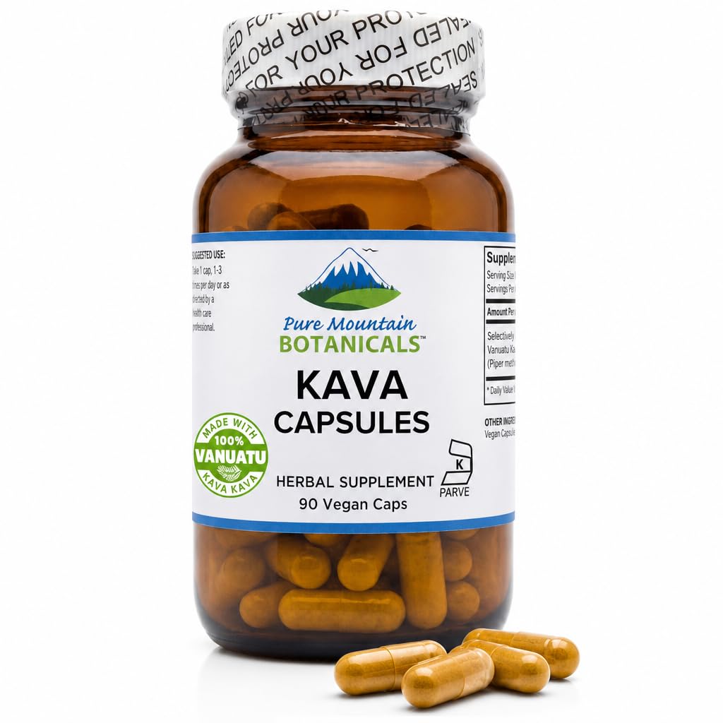 纯山植物学 Kava Kava Capsules - 90 Kosher Vegan Caps with 400mg 野性瓦努阿图 Kava根提取器