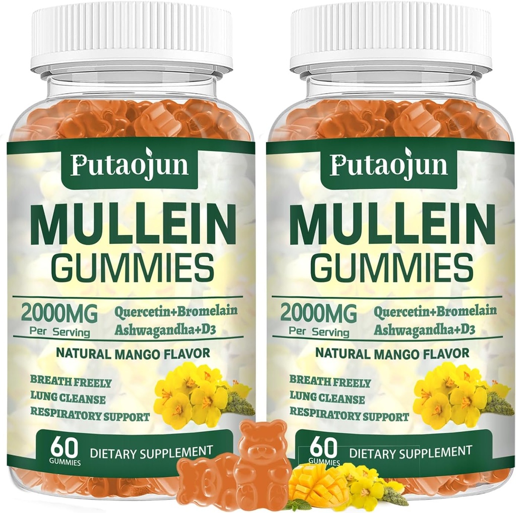 Mullein Gummys for Lungs → 2000mg Mullein Leaf 提取供呼吸和免疫支持 → 纯蔬菜 Mullein Gummys Herbal → 软与非粘性 → 芒果火焰 → 2 Pack