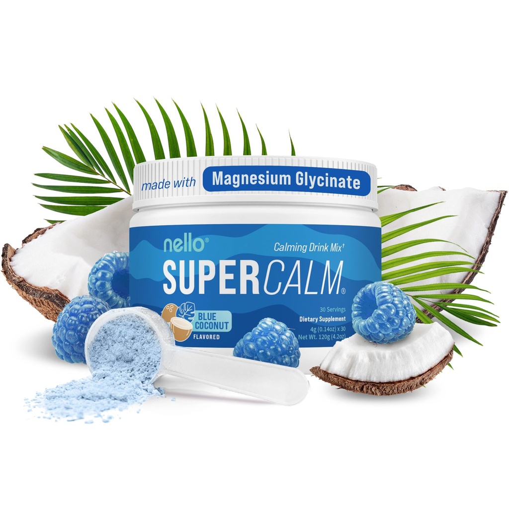 Nello Supercalm Powdered drink Mix, Blue Coconut, L Theanine, Ksm-66 Ashwagandha, Magnesium Glycnit, Vitamin D 3, 放松和聚焦补编, 无糖, 非 GMO, On The Go, 30 Srvgs