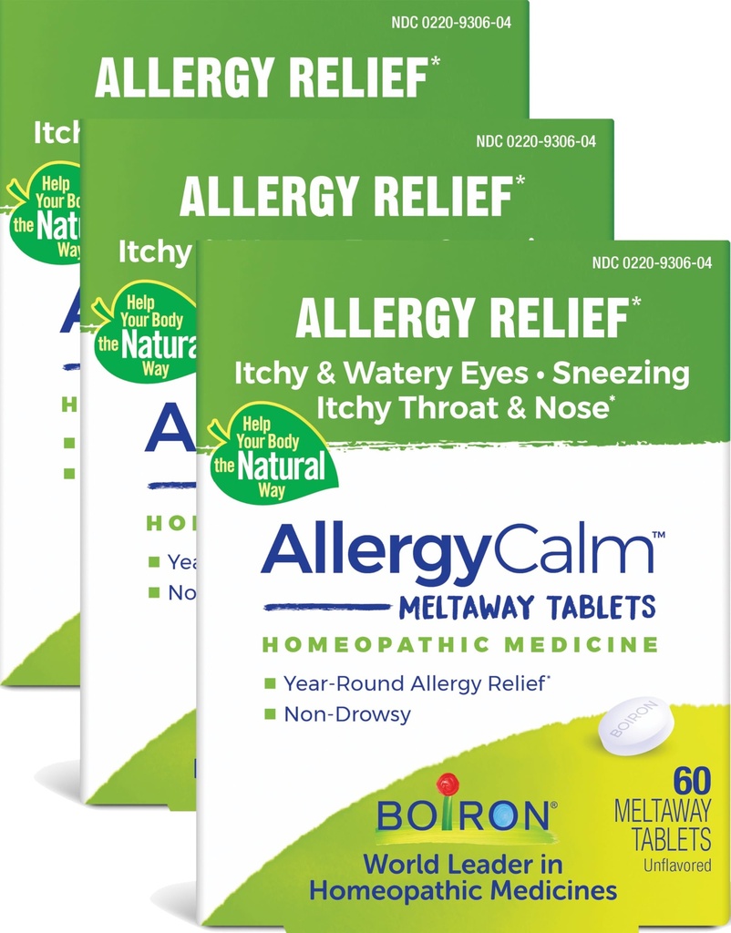 Boiron AlergyCalm Tablets 180 Counts, Relief from Alergies and Hay Fever Synmptoms of Sneezing, Runny Nose, and Itchy Eyes or Throat, Alergy Calm Tabs (原RhinAllergy) (3个60厘米箱的包) 2017年统计用量