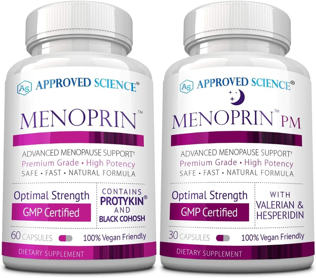 批准科学菜单 - 更年期支持 - Protykin, Black Cohosh - 1 Bottle Menoprin Day + 1 Bottle Menoprin PM - Vegan