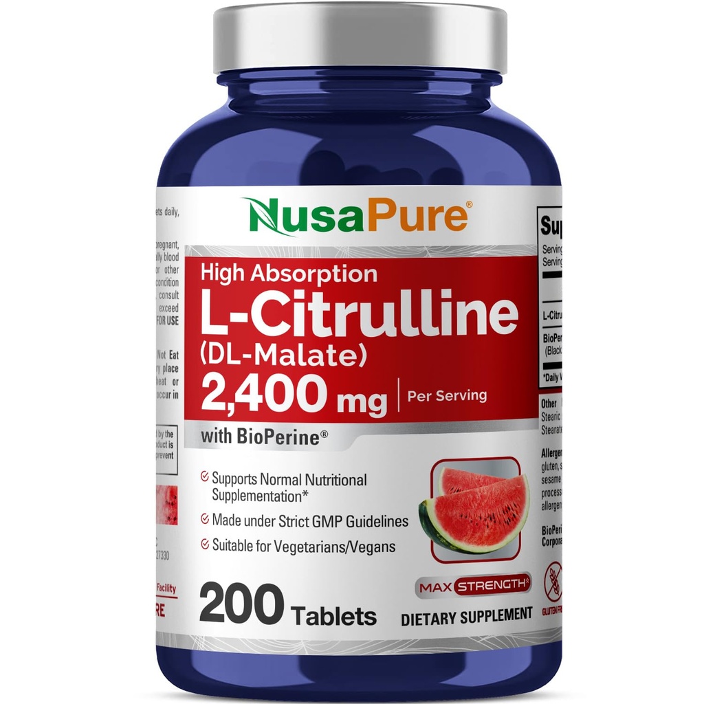 NusaPure L-Citrulline 2,400mg 200蔬菜片(非GMO,Gluten Free,100天供应,Bioperine)