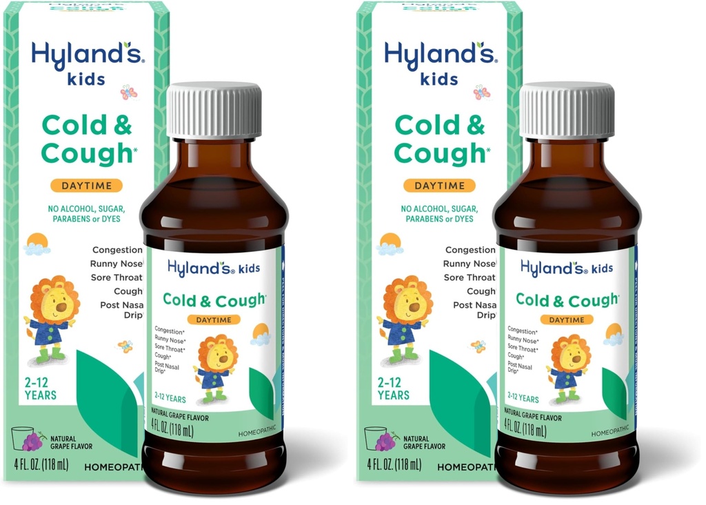 Hyland's Naturals Kids Cold & Cough, 日间葡萄糖 Flavor Cough Syrup Medical for Kids Agents 2+, Decongestant, Sore Throat & Allergy Relief, 常见冷症状的自然治疗, 4 Fl Oz