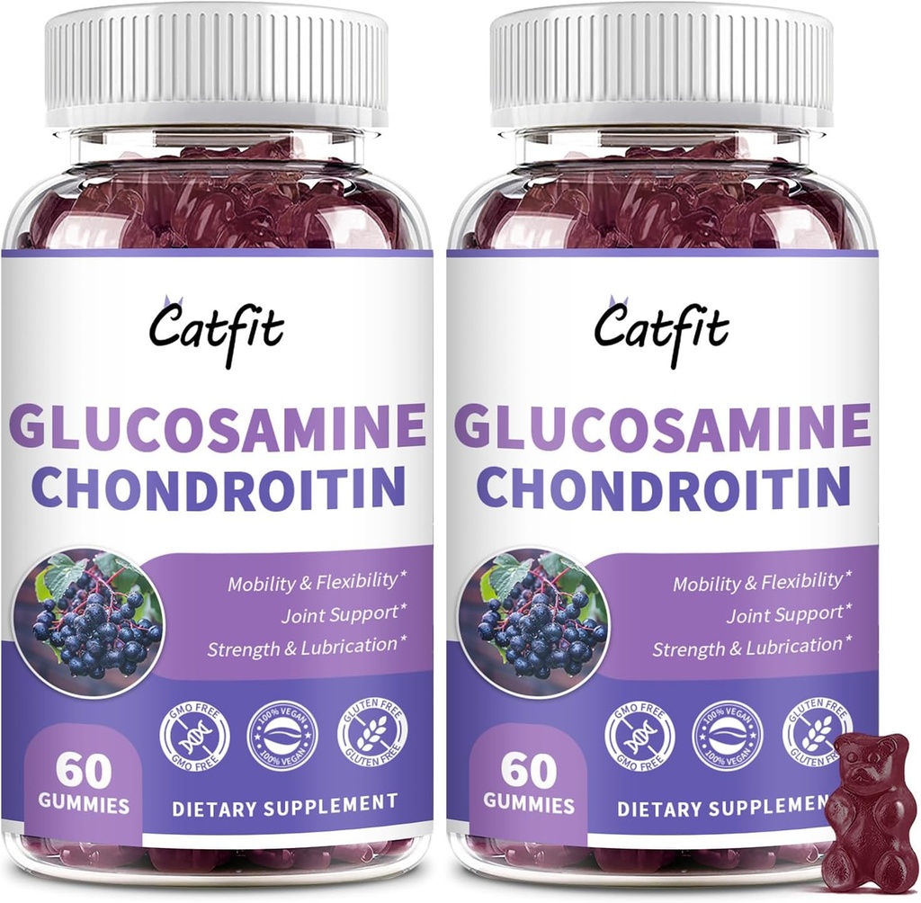 Catfit Glucosamine Chondroitin Gummys,与MSM和长老莓的超强联合健康支持补充,成人男女抗氧化剂免疫支持补充(2包)