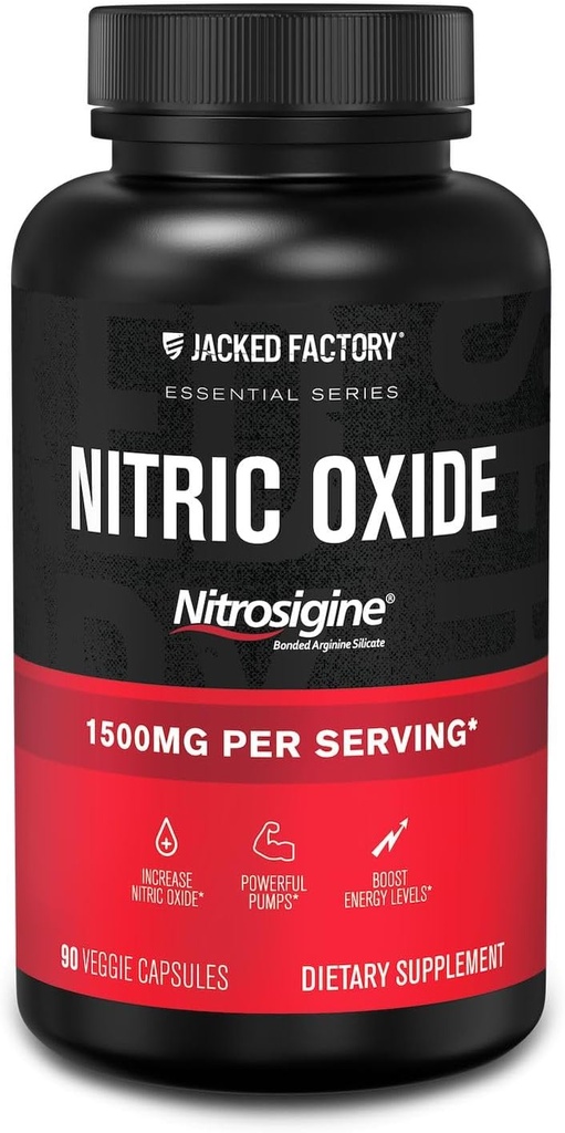 Jacked Factorys Nitric Oxide Booster - 专利捆绑的L-Arginine硅酸盐 1500mg 肌肉生长、泵、气压和能量预工作补充剂 - 90 蔬菜药丸