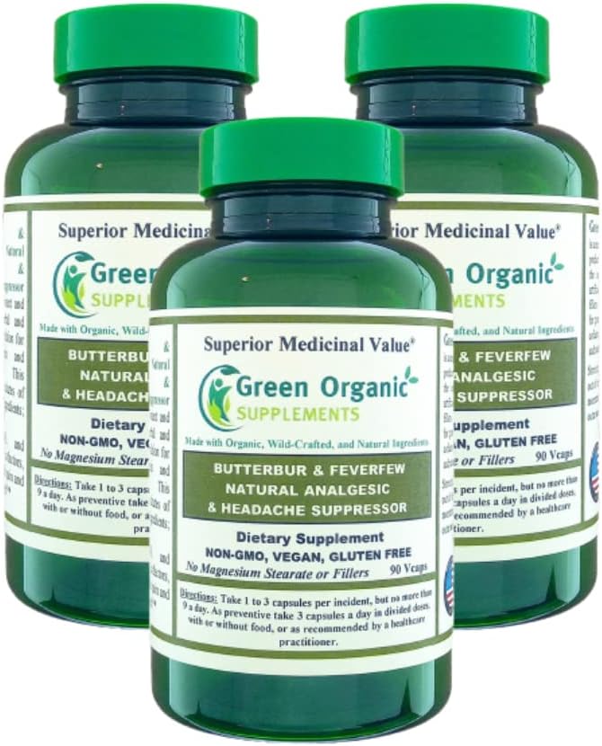 绿色有机补充剂:Butterbur、Feverfew、Analgesic、止痛剂、和头痛抑制剂、90VCap、高吸附剂、非GMO、无胶囊(3包)