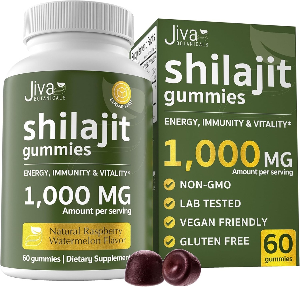 喜马拉雅山的吉瓦植物学纯Shilajit,供男性和女性使用 -- -- Shilajit Gummys 1000mg用于健康老龄化、免疫系统和正常能源支持 -- -- 无糖,Vegan,60 Counter (Pack of 1)