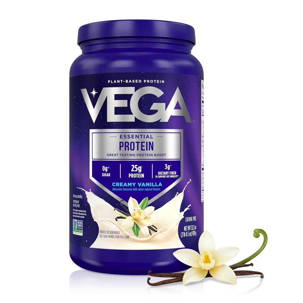 Vega原原基本蛋白 - 25g 植物基蛋白, Creamy Vanilla, 20 services, Vegan Non-GMO 饮料混合剂, Smoothie & Shake Ready, Gluten Free, Dairy Free, 32.5oz (包装 May Vary)