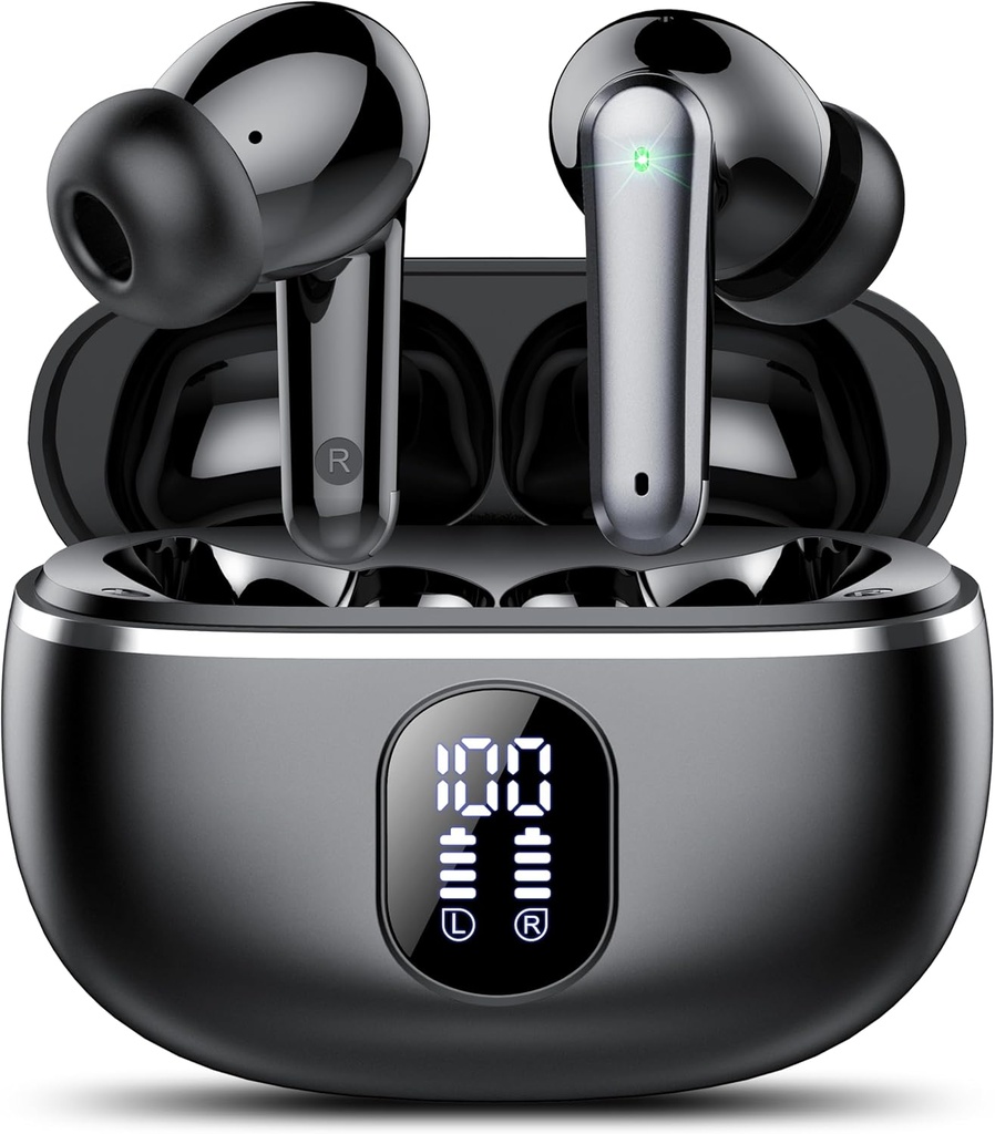 无线耳机 蓝牙 5.3 耳机 大Bass Stereo 耳机带噪声 取消 Mic LED 显示器 耳机 IP7 防水器 50H 体育游戏时间 黑色