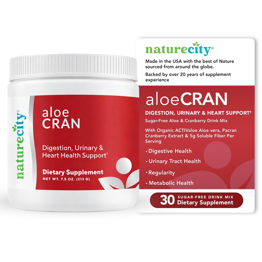 NatureCity AloeCran - 纯Aloe Vera 配有 Cranberry 粉末补充剂的混合剂 - 用于消化和泌尿体健康的无糖纤维混合剂 - Gut & Metabolic 健康支持 - 供应30天