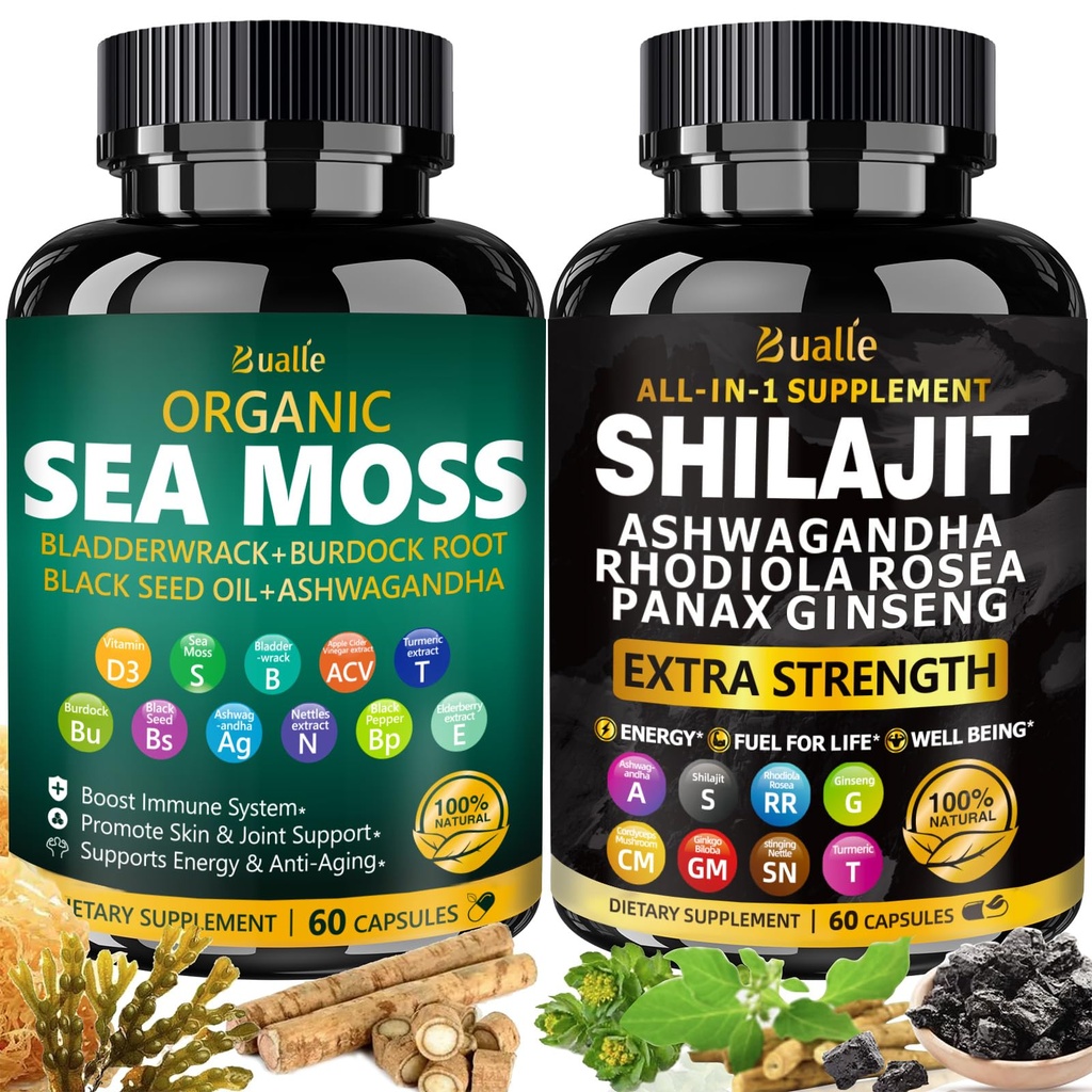 Bulle Sea Moss和Shilajit Bundle-Sea Moss 300mg, 黑种子油 100mg, Ashwagandha 50mg, Ginger & Shilajit 300mg, Rhodiola Rosea 100mg, Panax Ginseng 50mg, 全部为美国制造的1个补编(2个包装)