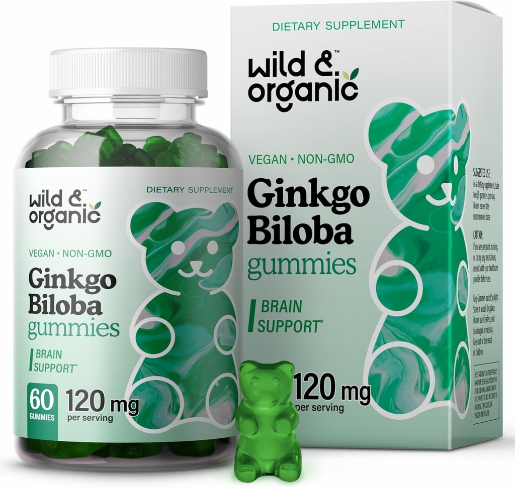 Wild & Organization Gingko Biloba 120 mg Gummys - 大脑支持和焦点补充 w/Ginkgo Biloba 提取 - Vegan, Non-GMO - 60 Pectin基草药