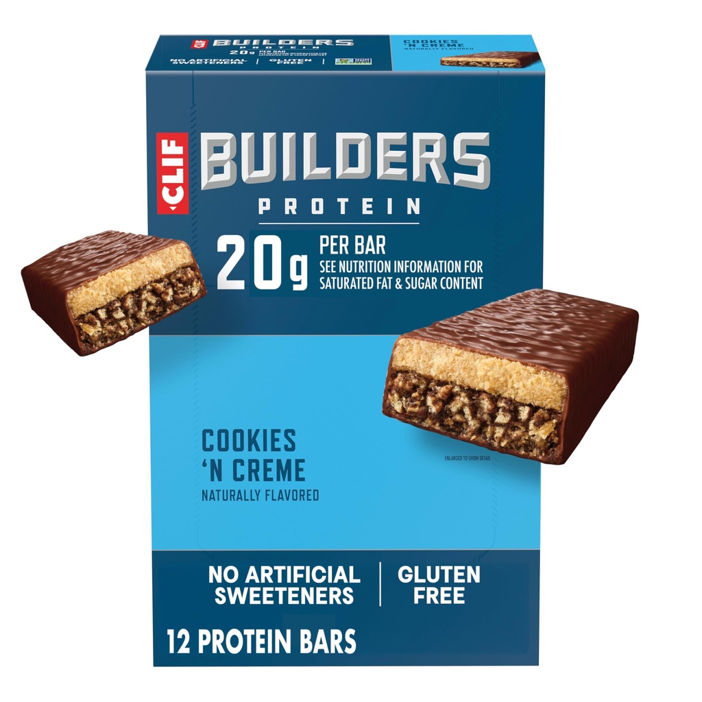 CLIF BUILDERS 蛋白质棒 - Cookies 'n Cream Flavor - 20g 植物基蛋白 - Gluten Free - 非GMO - 低甘油 - 无人工甜甜剂 - 2.4 oz. (12 ack)