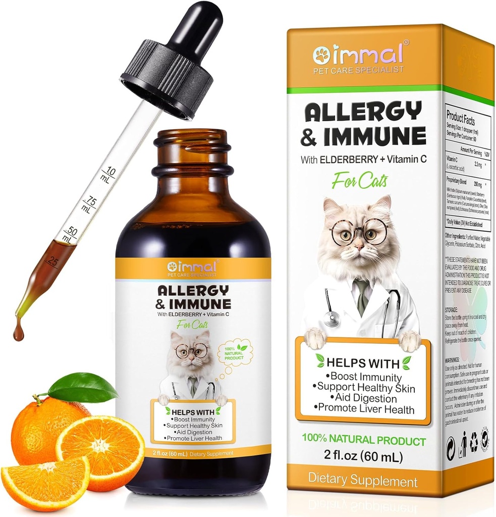 猫的过敏性减肥滴、季节性过敏症和消化不良症的猫的过敏性增肥剂、健康的活体和免疫系统、配有维生素C的猫草药补充剂、鸡肝-60ml/2fl.oz