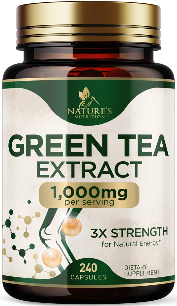 绿色茶叶抽取1000毫克 - 标准化的45% EGCG & 98% 多酚 - 3X 强绿色茶叶药丸用于天然能源 - 支持心脏健康,草药补充剂,Vegan,N-GMO - 240