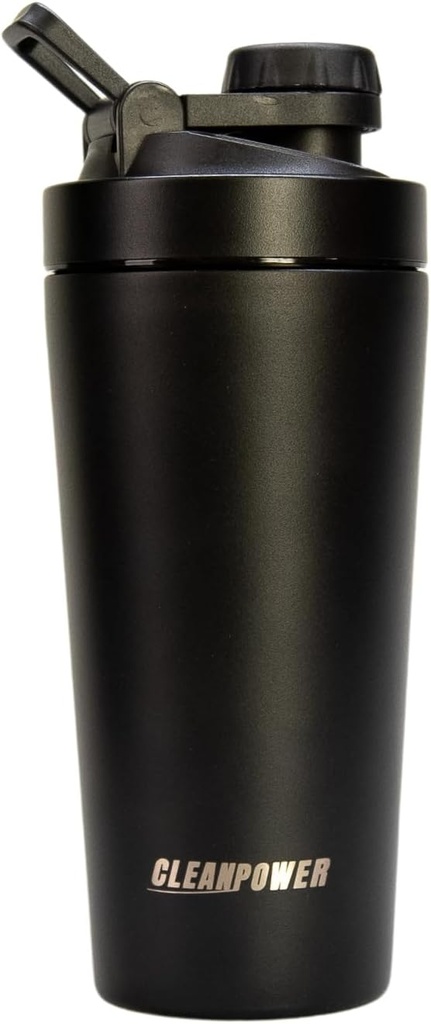 CleanPower Stainless Steel Shaker Bottle QQ 完美地用于蛋白质摇摆,前期工作,平滑,咖啡等. Odor-Resistant QQ BPA Free Lid (Matte Black).