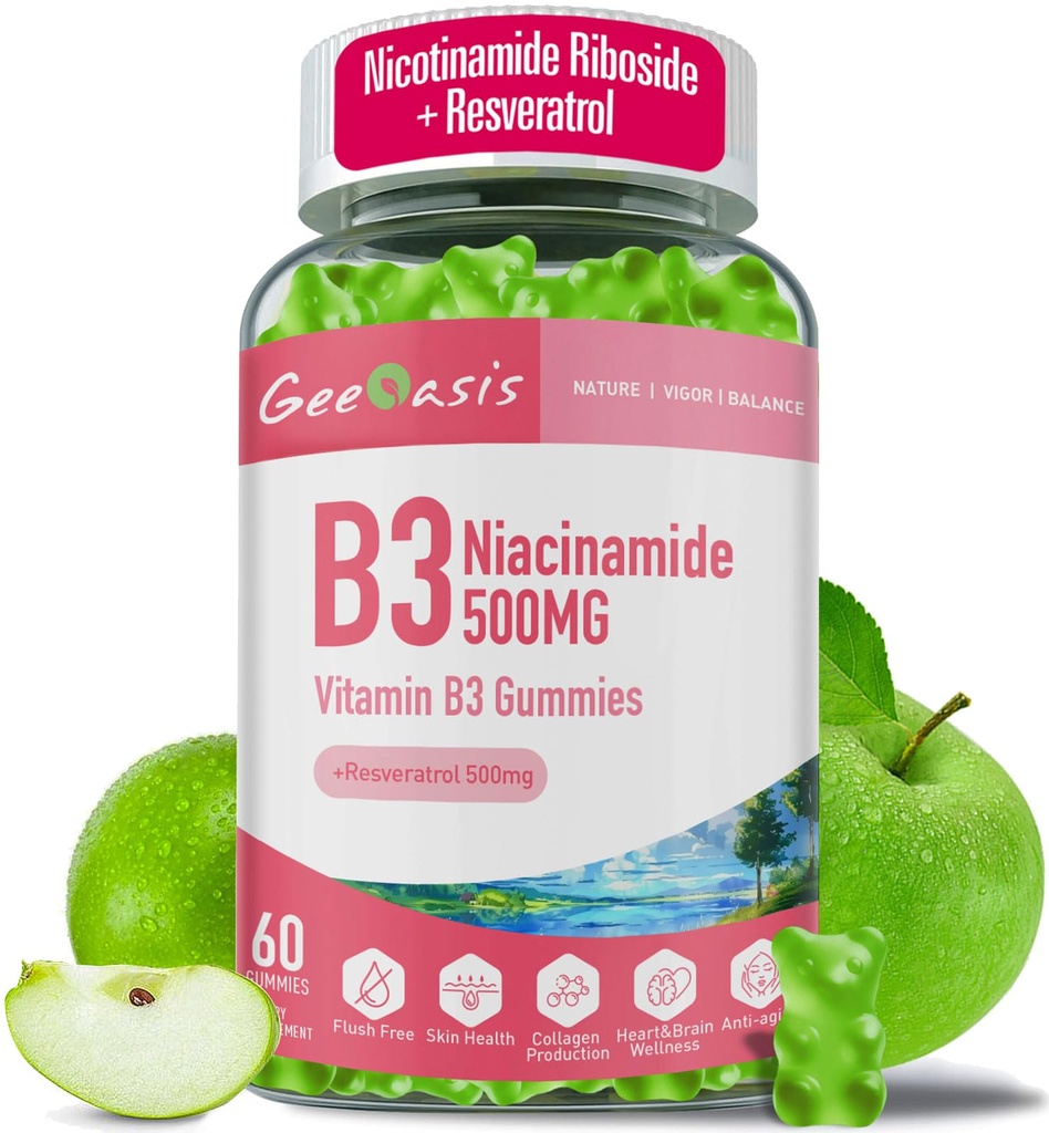 Niacinamide 500mg Gummys, Chewable Vitamin B3 配有Resveratrol 500mg的补编,抗氧化剂的HighPotency Niacin,皮肤和脑健康,Immune支持,Vegan Apple Flavor, 60 Counter
