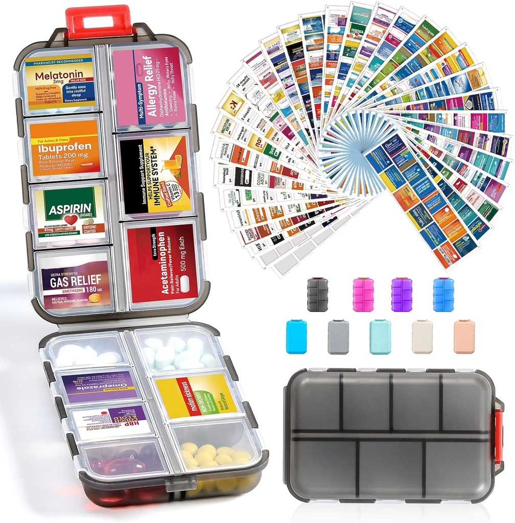 14 Grids 旅行药丸组织者盒,配有415-Pcs 药品名称标签 - Pocket Daily Pharkey Case Control Kit - 旅行药剂持有者 鱼油维生素补充剂 存储 - 清灰