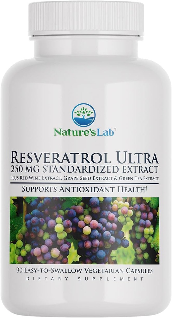 Nature's Lab Resveratrol Ultra - 抗氧化剂补充剂 * - 250mg Trans-Resveratrol,红酒提取剂,绿茶提取剂-非GMO,Gluten Free,Vegan – 90 Counter (3个月供应)