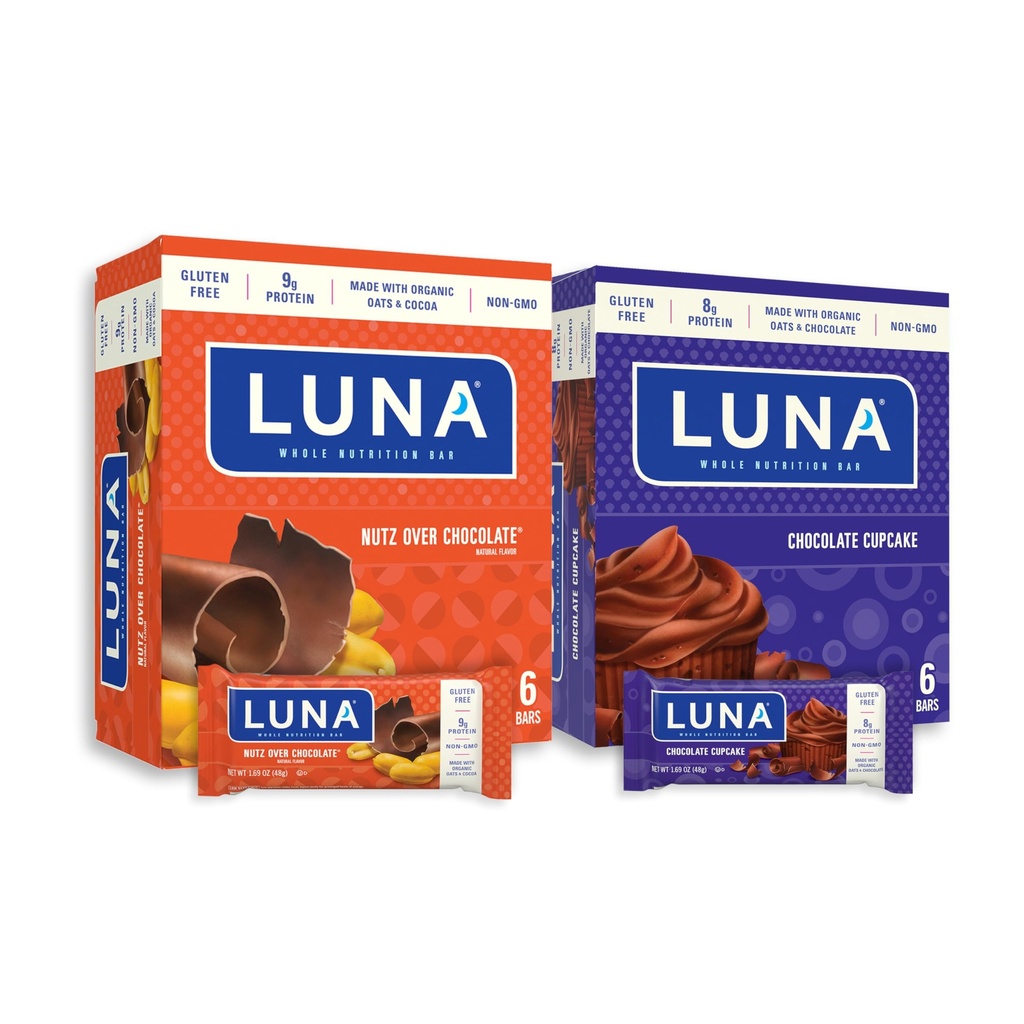 LUNA Bar - 品种包 - Nutz Over巧克力和巧克力杯蛋糕 Flavor - Snack Bars - 非GMO - Gluten-Free蛋白棒 - 用有机麦制作(12包,2盒)