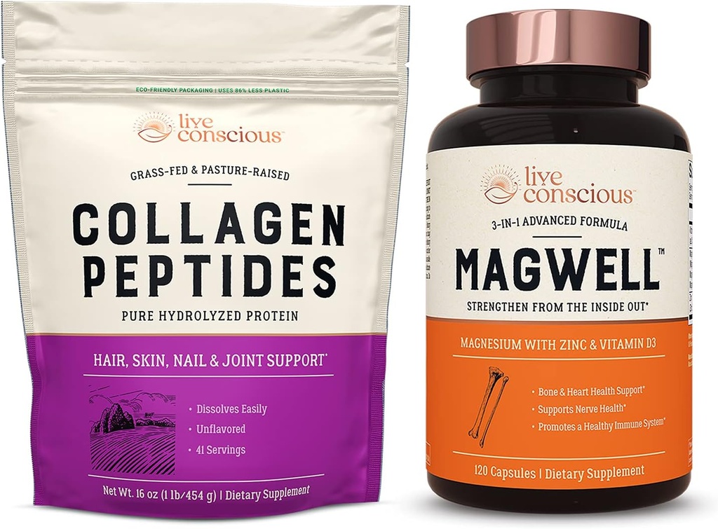 Live Agentions Collagen Peptides & MagWell 镁锌和维生素 D3 → 头发、皮肤、钉子和联合支持 + 骨骼和心脏健康, 免疫系统支持
