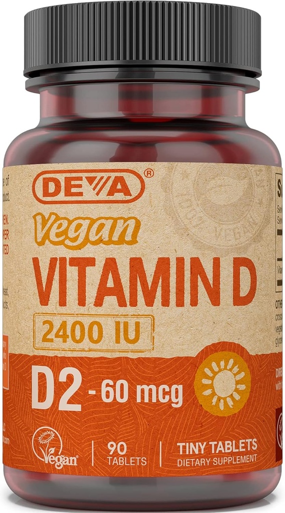 Deva Vegan 维生素 D2 60 mcg 2400 IU, Ergocalciferol 补充品无动物成份,90平板,1-Pack