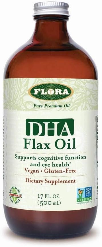 Flora DHA Flax Oil - 支持脑健康 - 包含 Vegan Omega-3-6-9, Gluten-Free, Kosher & Non-GMO - 保持寒冷 - 玻璃瓶 - 17 f. oz.